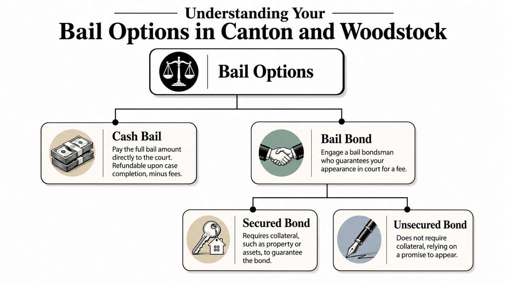 A flowchart explaining different bail options including cash bail, bail bonds, secured bonds, and unsecured bonds.