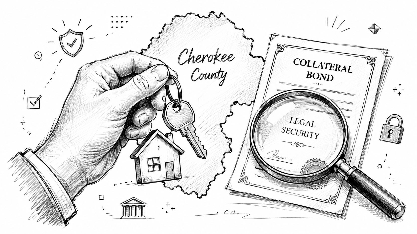 A hand holding keys near a collateral bond document and a map of Cherokee County.