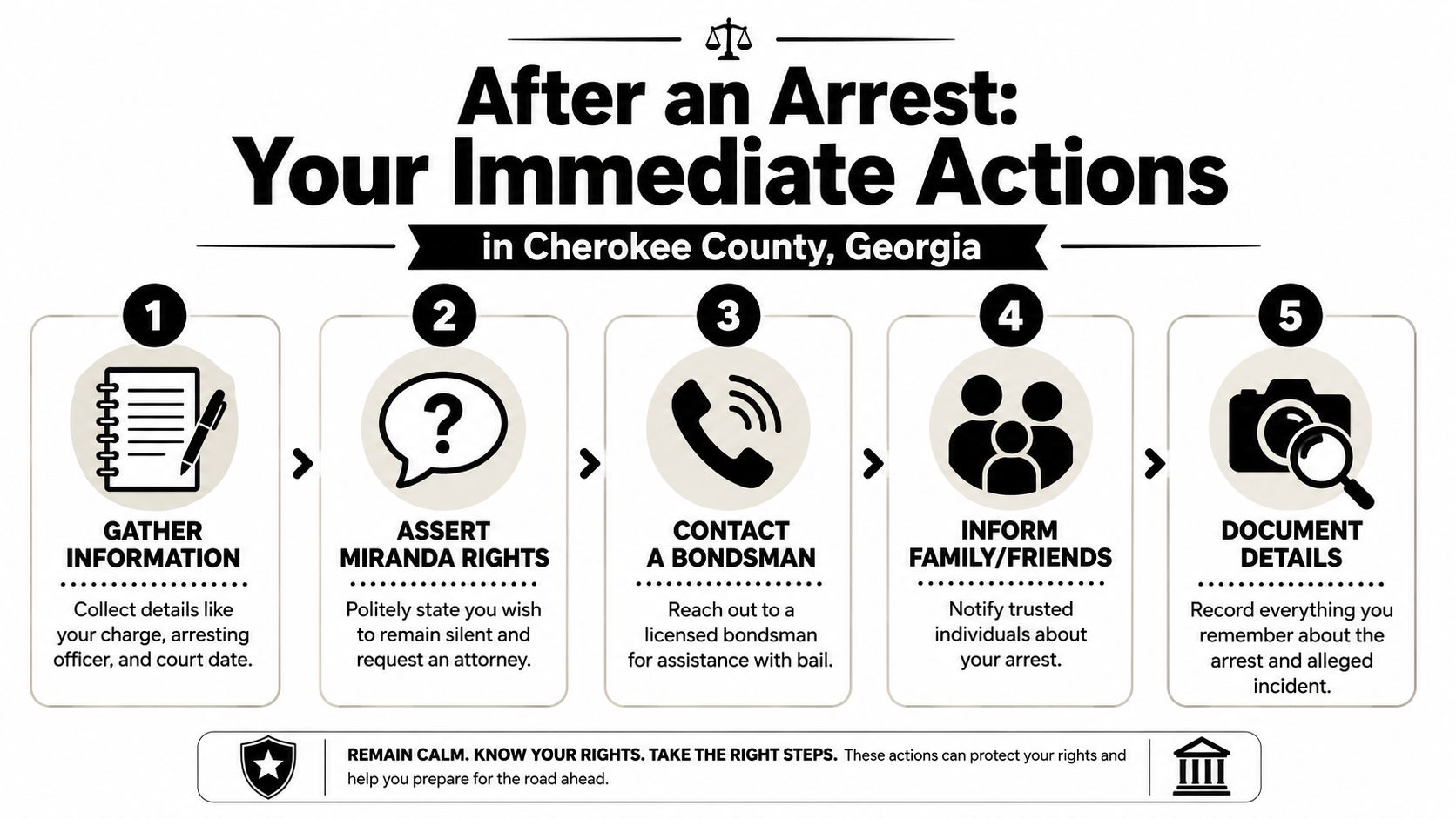 A checklist infographic illustrating five steps to take immediately following an arrest in Cherokee County, Georgia.