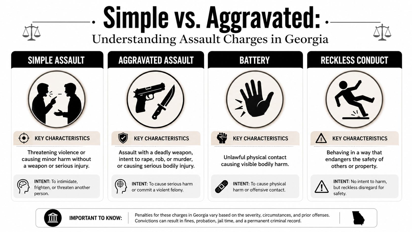 An infographic detailing the definitions, characteristics, and intent behind Georgia's simple and aggravated assault legal charges.
