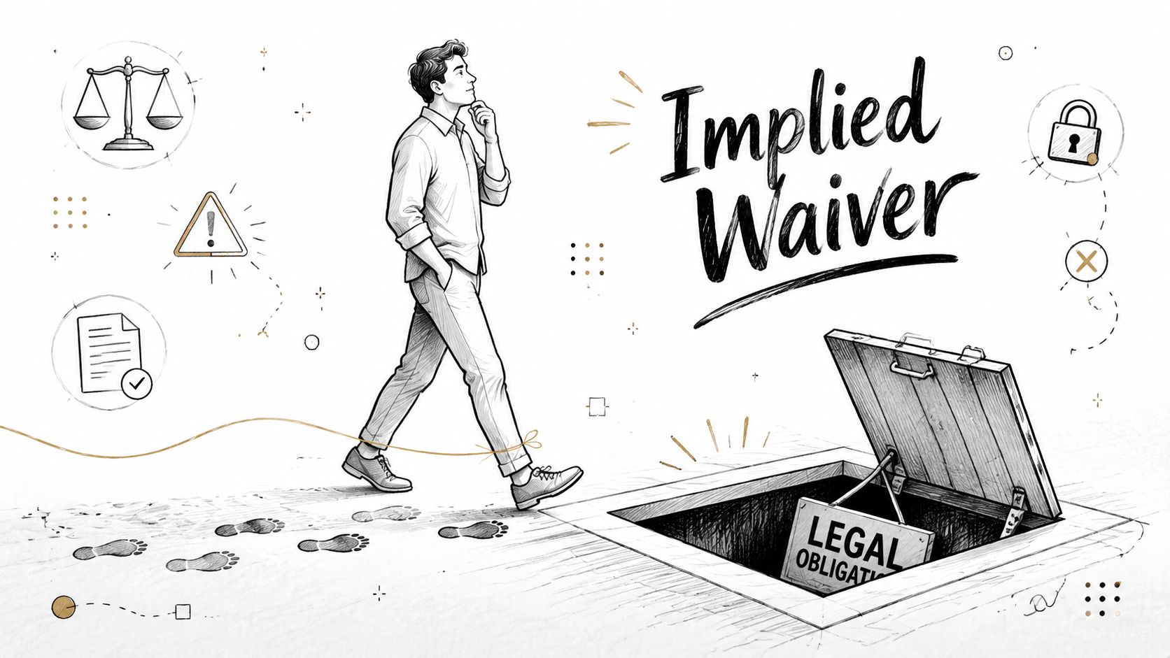 A conceptual illustration of a person walking toward a hidden trapdoor labeled with legal obligations.