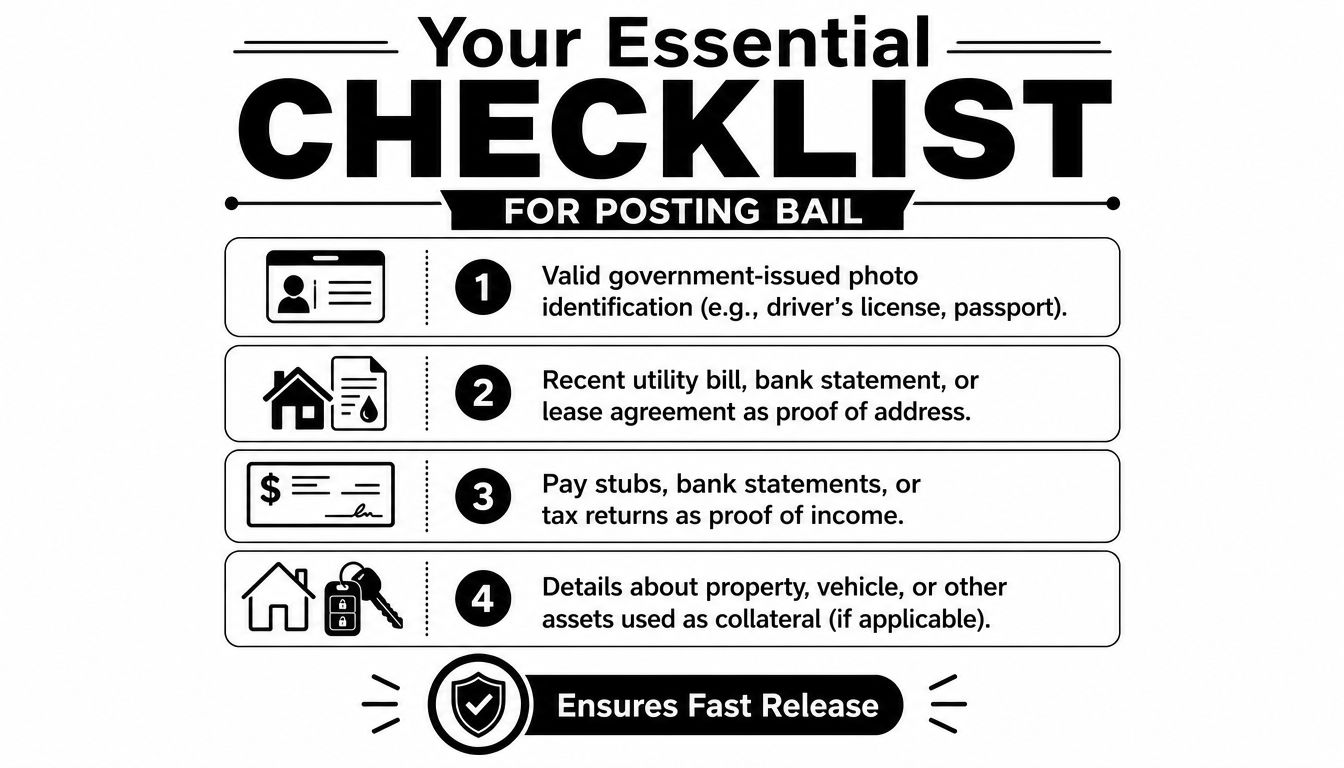 A checklist for posting bail listing four essential documents required for a fast release process.