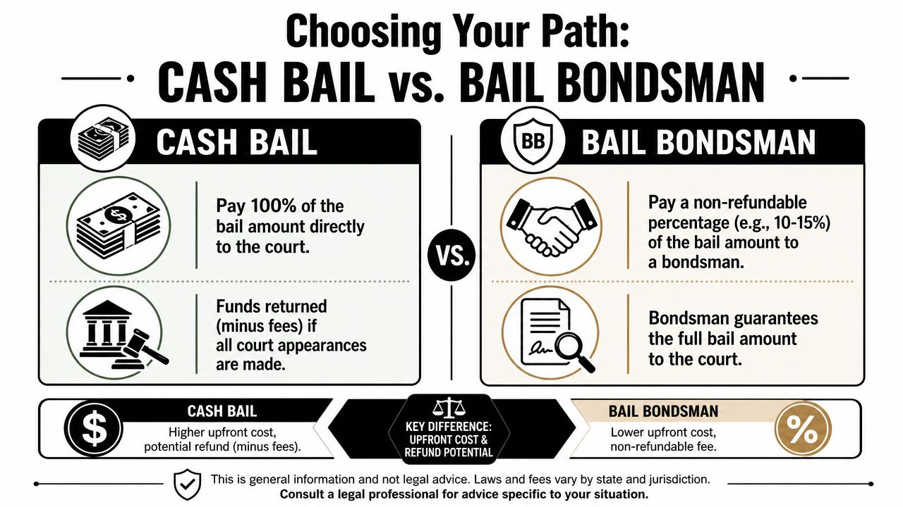 An infographic comparing the processes, costs, and potential refunds of cash bail versus bail bondsman services.