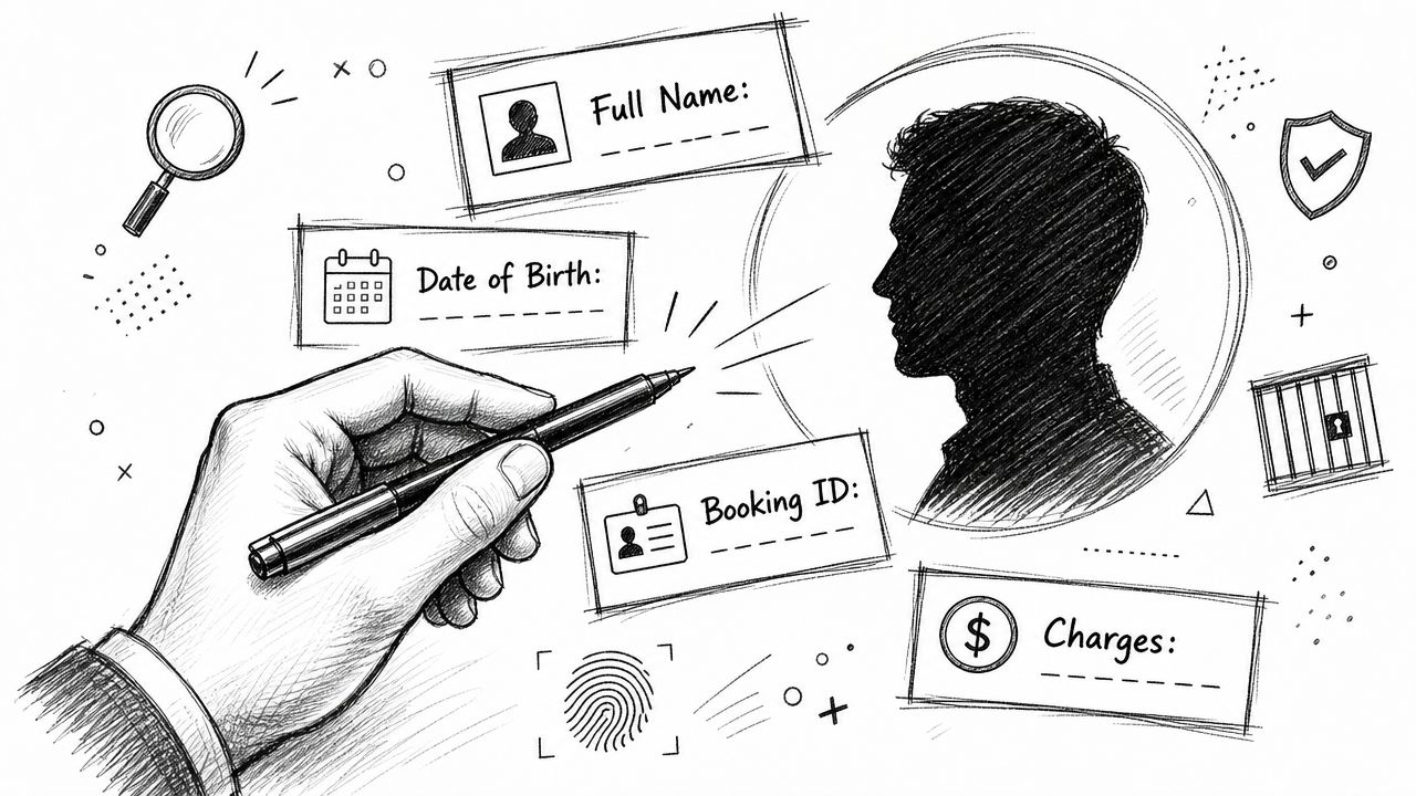 A hand holds a pen pointing towards criminal record forms with personal details like name and booking ID.