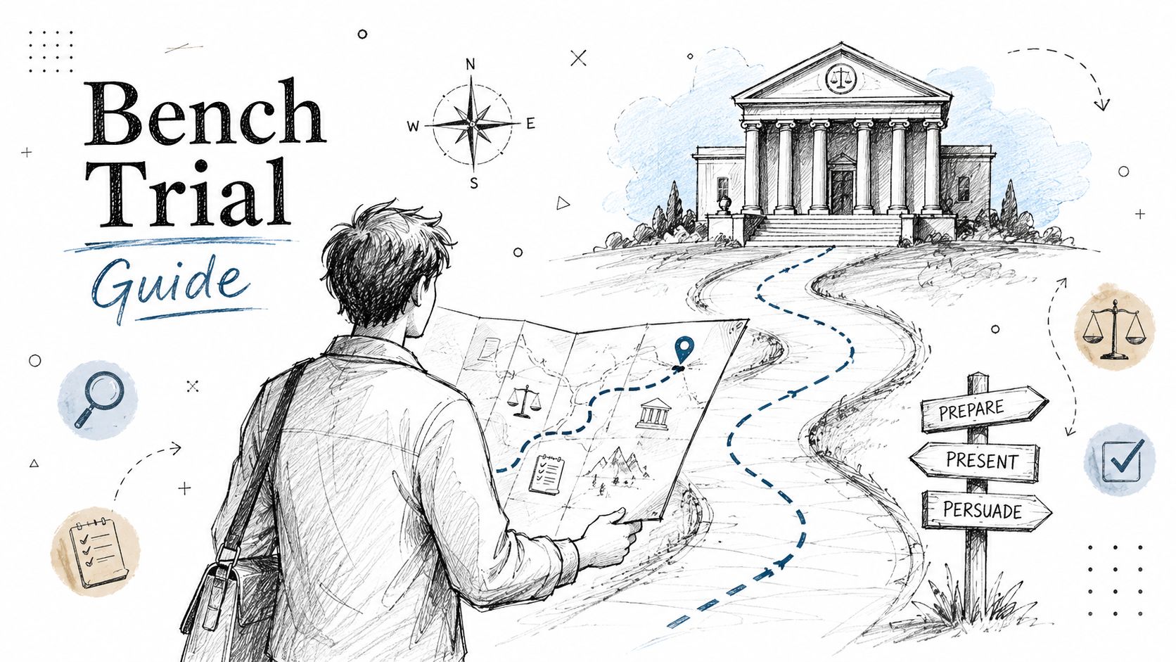 A conceptual illustration of a person looking at a map leading towards a courthouse for a trial.