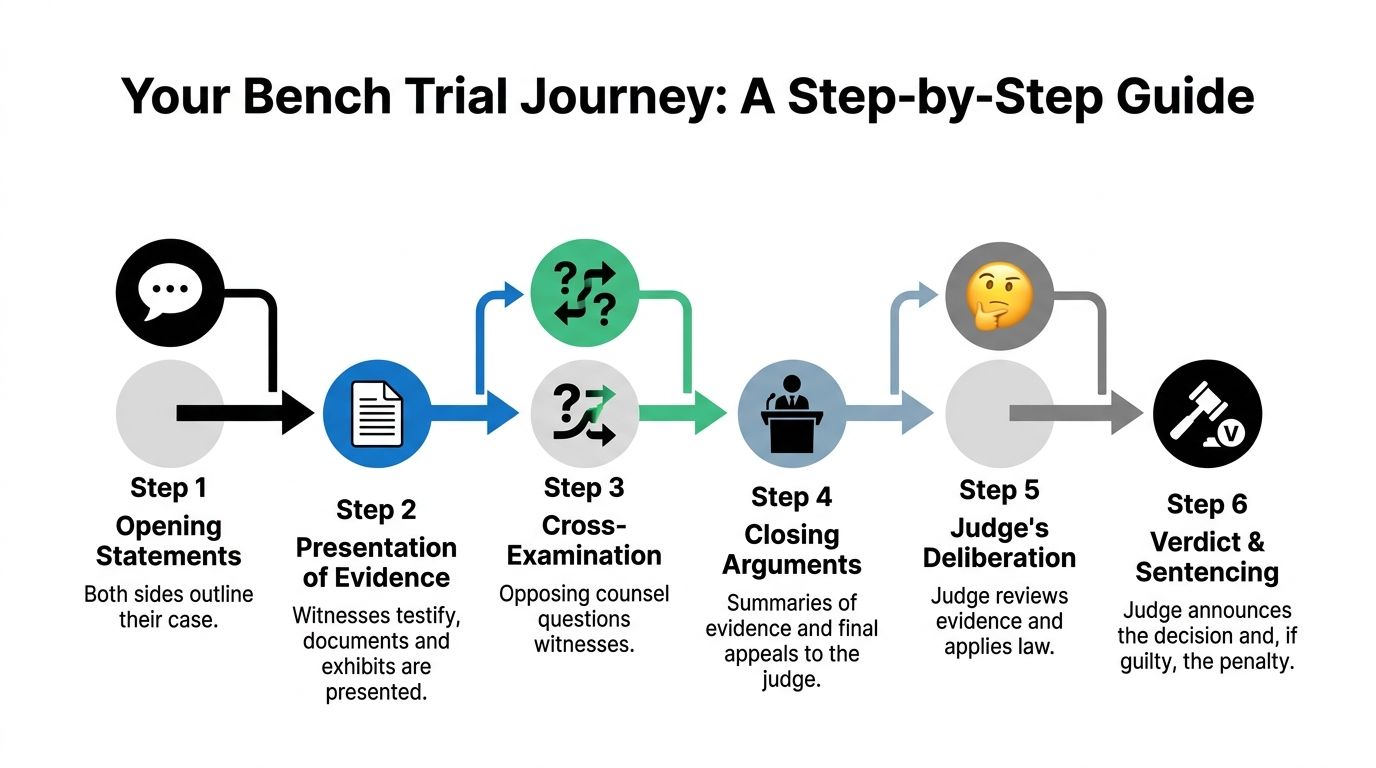 A six-step infographic explaining the bench trial process from opening statements to the final verdict and sentencing.