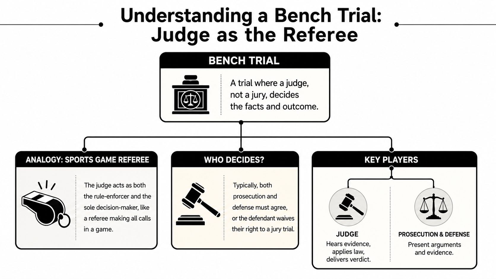 An infographic titled Understanding a Bench Trial explaining the role of a judge as the referee.