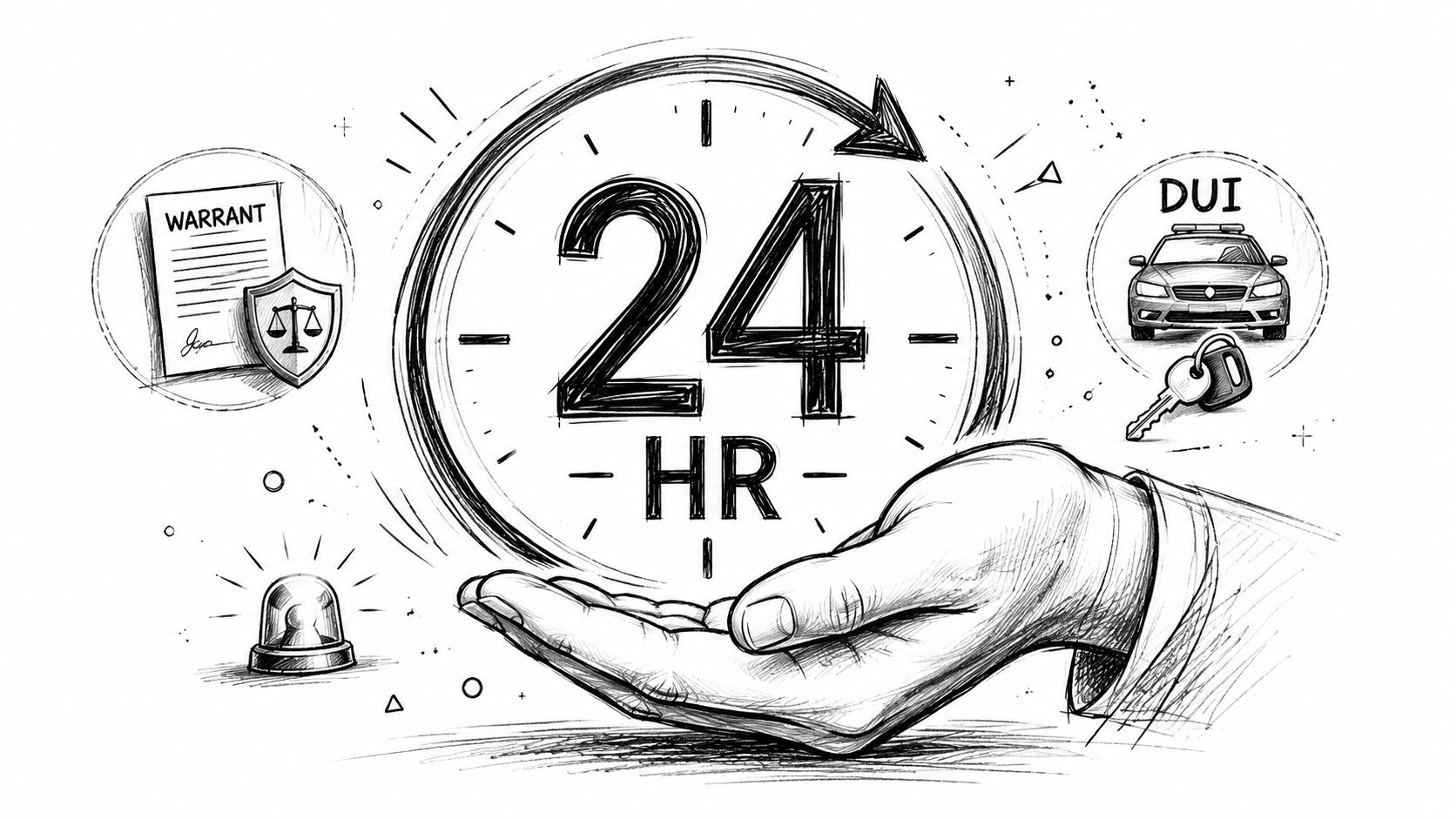 A hand holds a 24-hour symbol, representing legal services including warrant assistance and DUI representation.