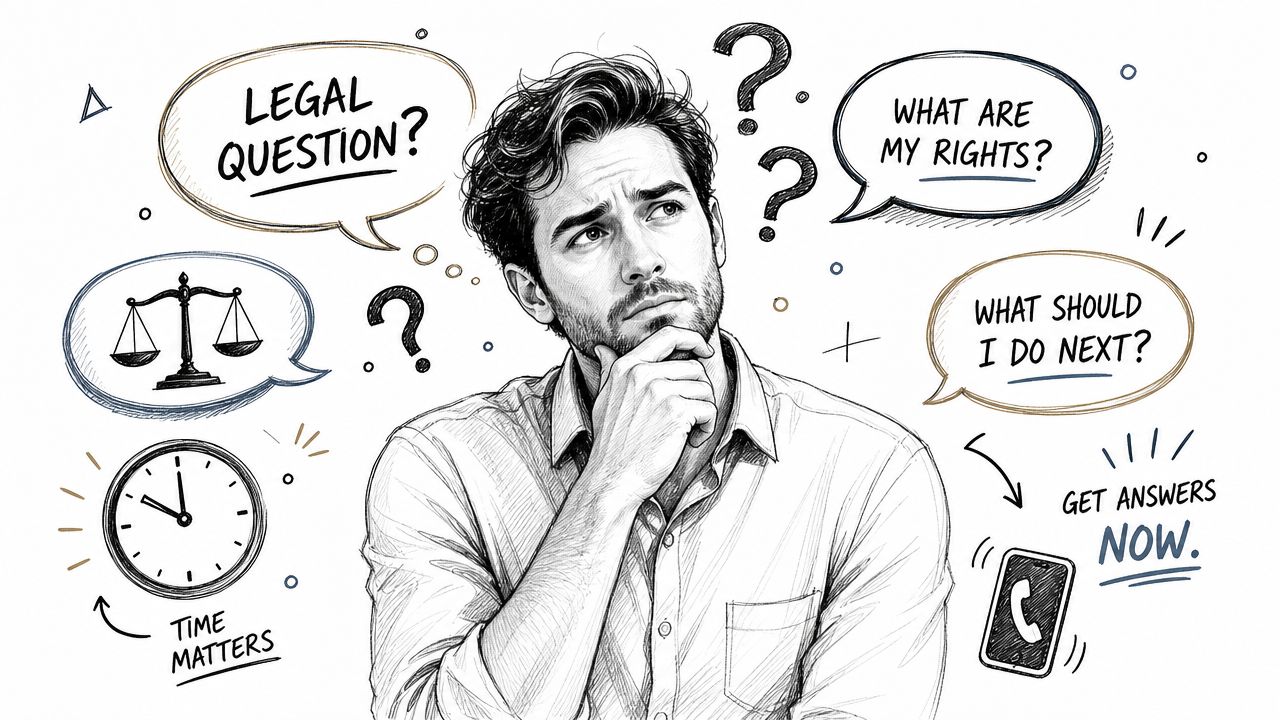 A sketched illustration of a thoughtful man surrounded by legal questions, icons, and call-to-action text.
