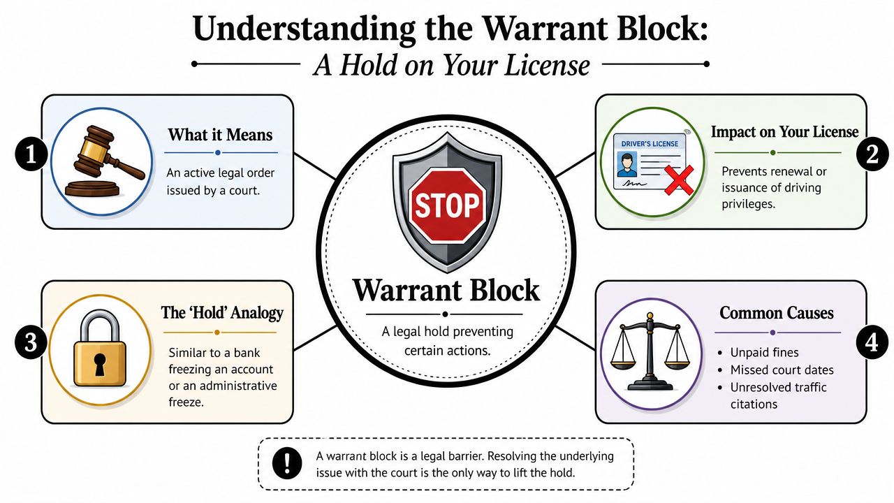An infographic explaining a warrant block, detailing its legal meaning, license impact, common causes, and resolution process.