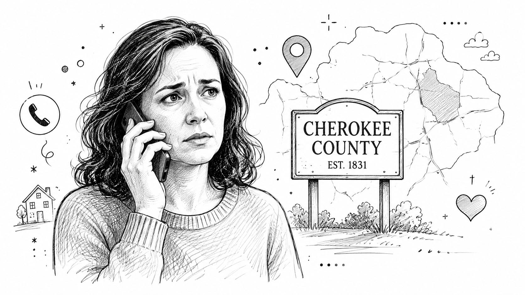 A line art illustration of a woman looking concerned while speaking on a mobile phone near a sign.