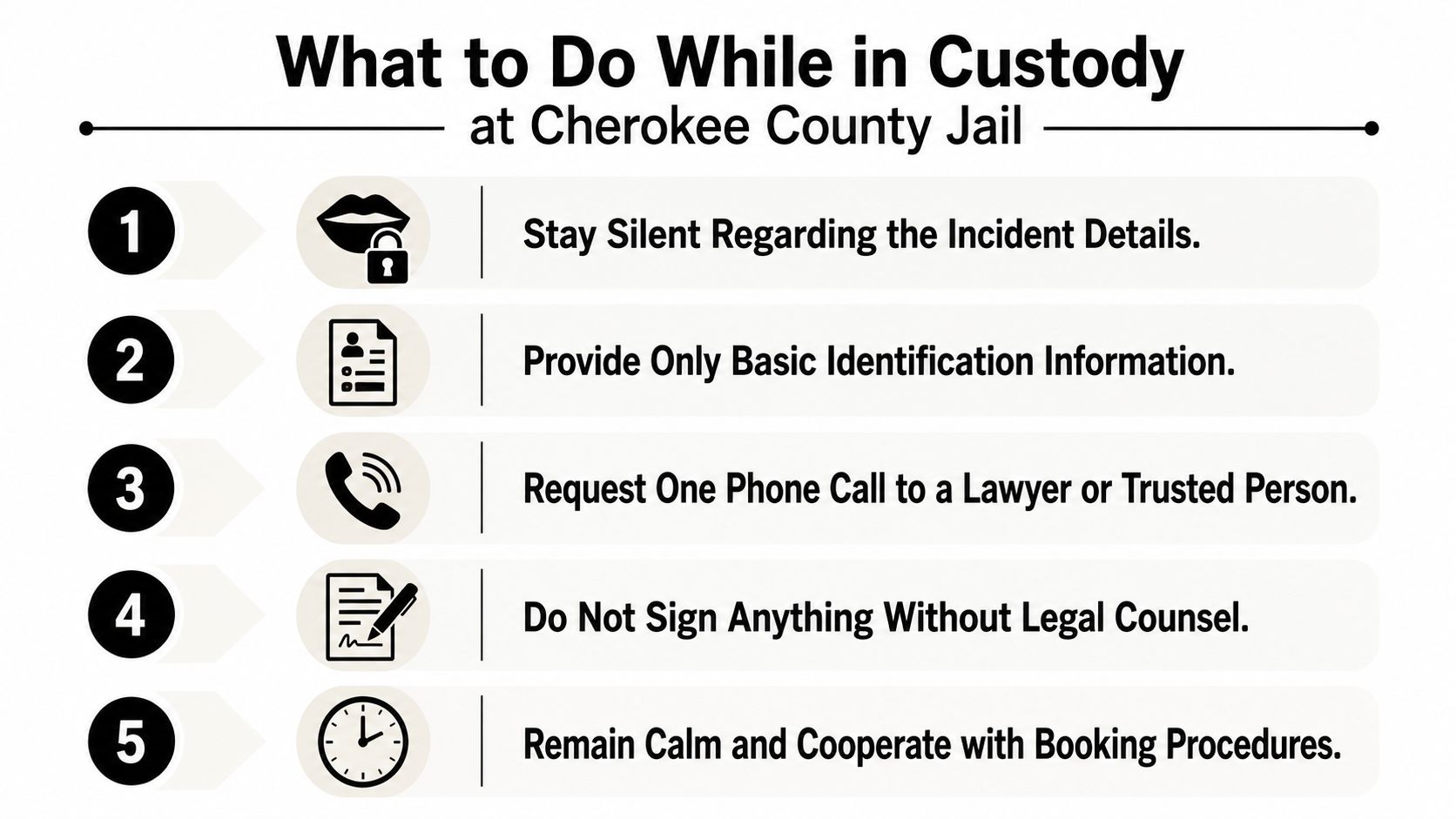 An infographic titled What to Do While in Custody at Cherokee County Jail with five numbered steps.
