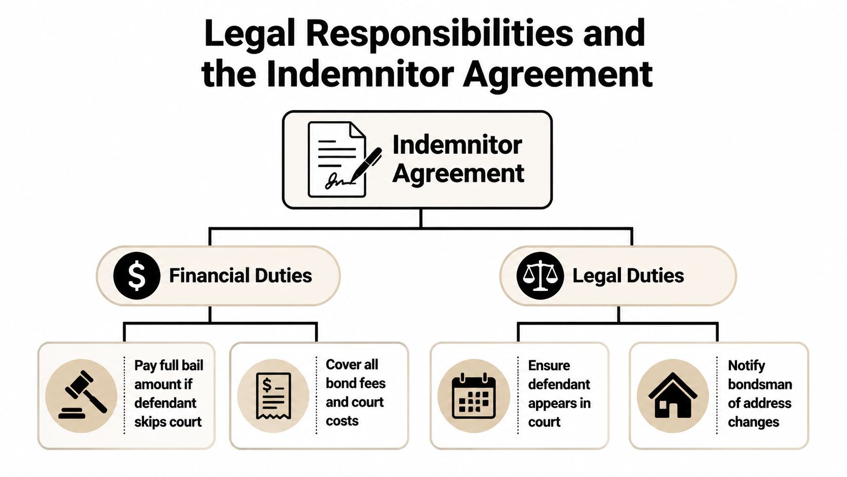 A diagram outlining the financial and legal responsibilities associated with signing an indemnitor bail bond agreement.