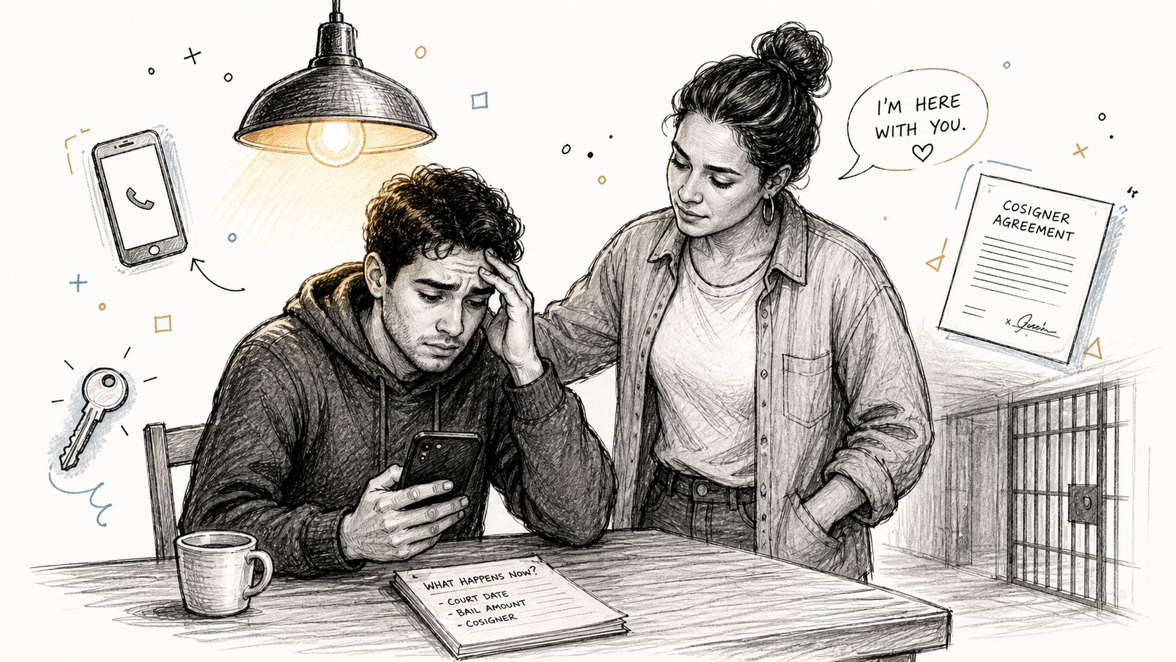 A supportive woman stands behind a stressed man looking at his phone, with legal documents about bail bonds.