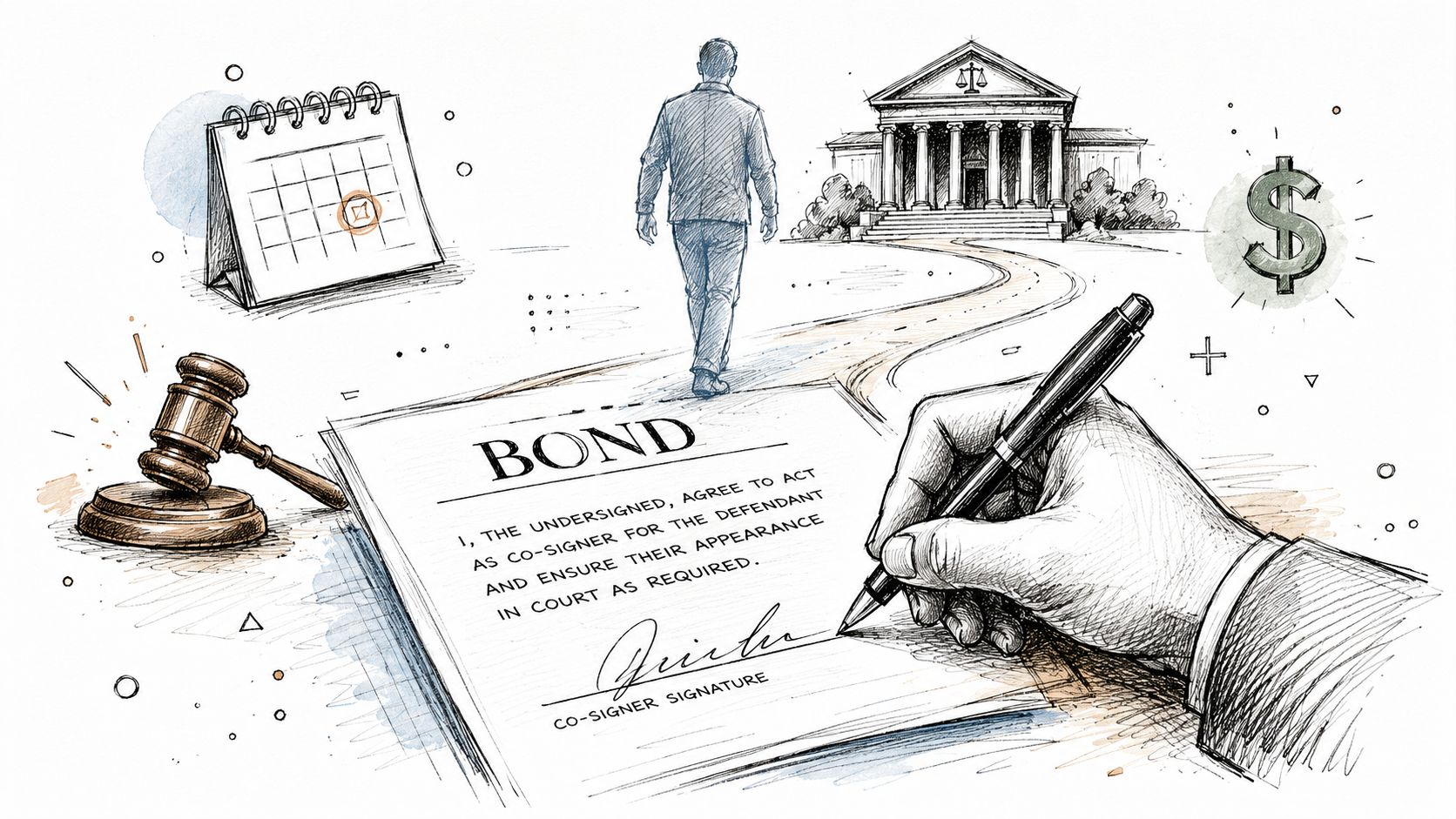 A hand signing a legal bond document with a gavel, courthouse, and calendar visible in the background.