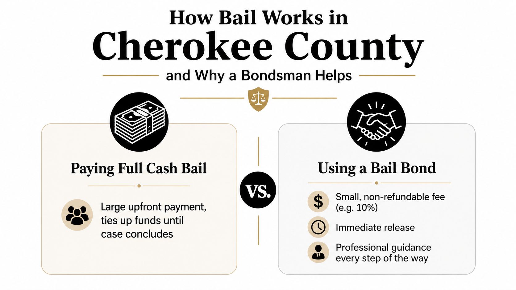 A comparison infographic explaining how paying full cash bail differs from using a bail bond service.