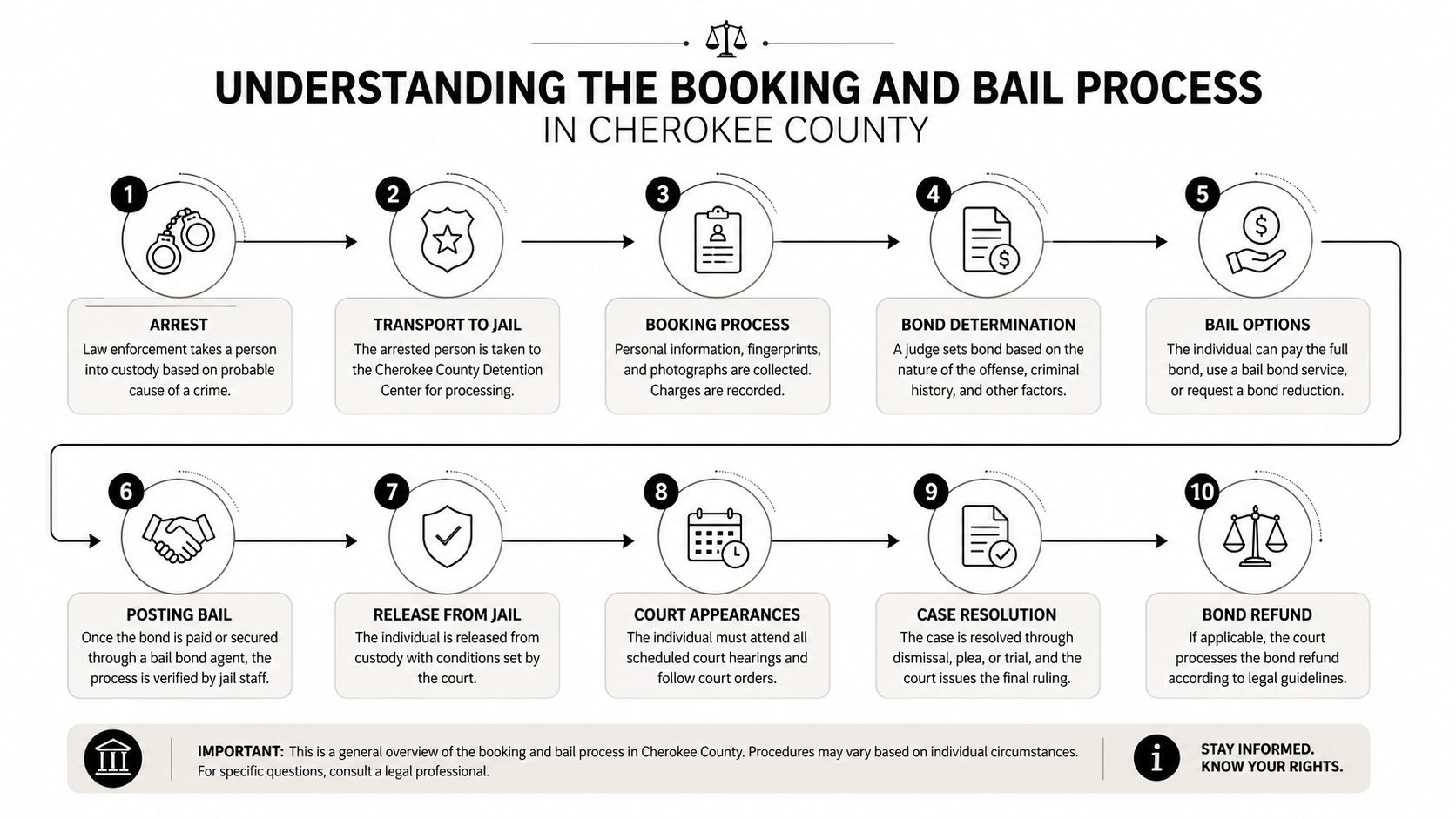 An infographic detailing the ten steps of the booking and bail process in Cherokee County, Georgia.