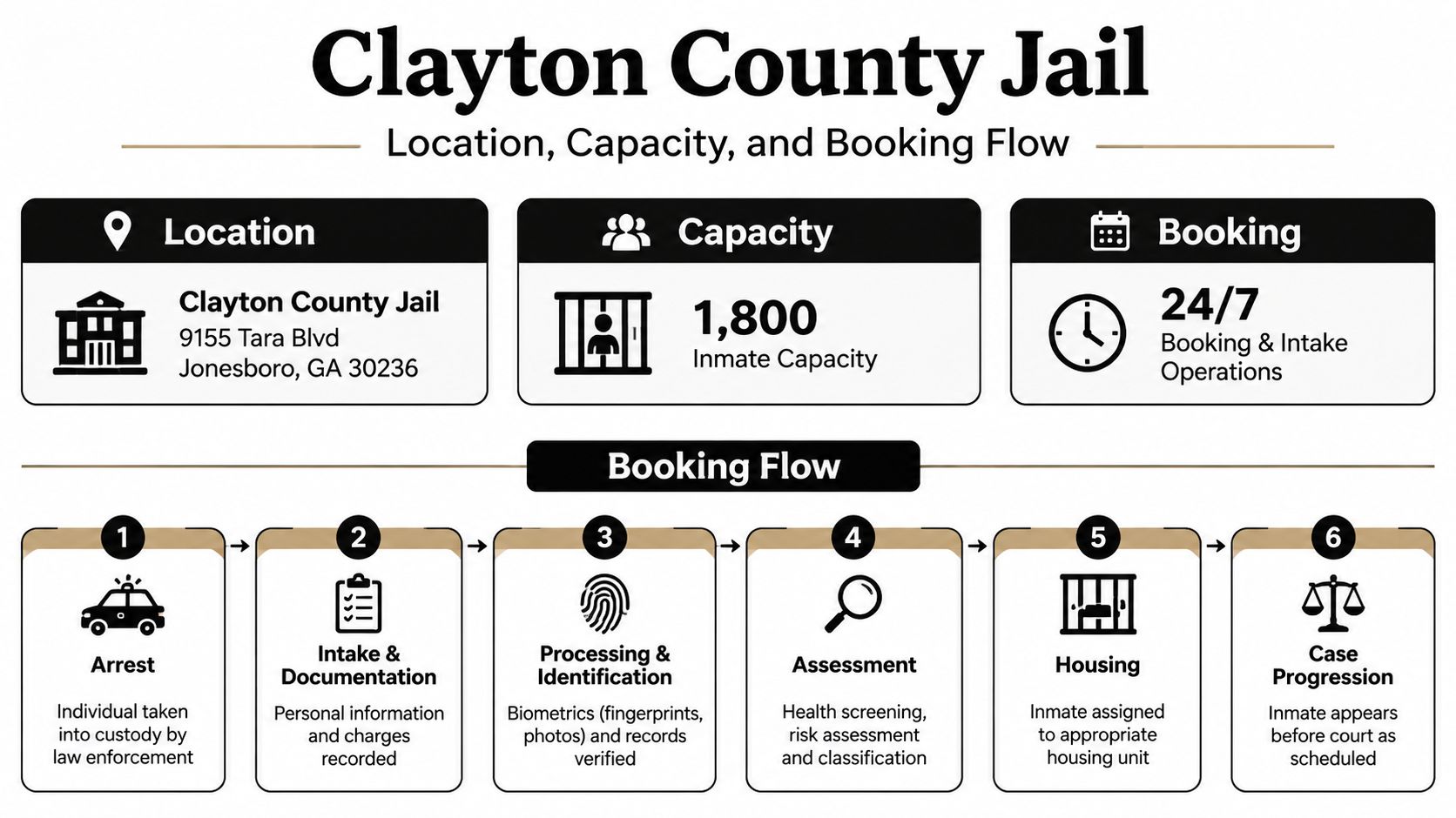 An infographic detailing the location, 1,800 inmate capacity, and six-step booking flow of the Clayton County Jail.