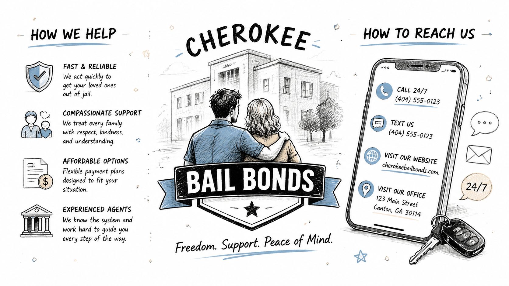 An illustrated brochure for Cherokee Bail Bonds offering fast, compassionate, and affordable legal support services in Georgia.