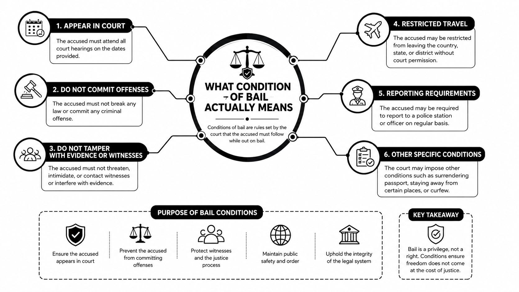 An infographic explaining the conditions of bail and the legal purposes behind these court-ordered requirements.