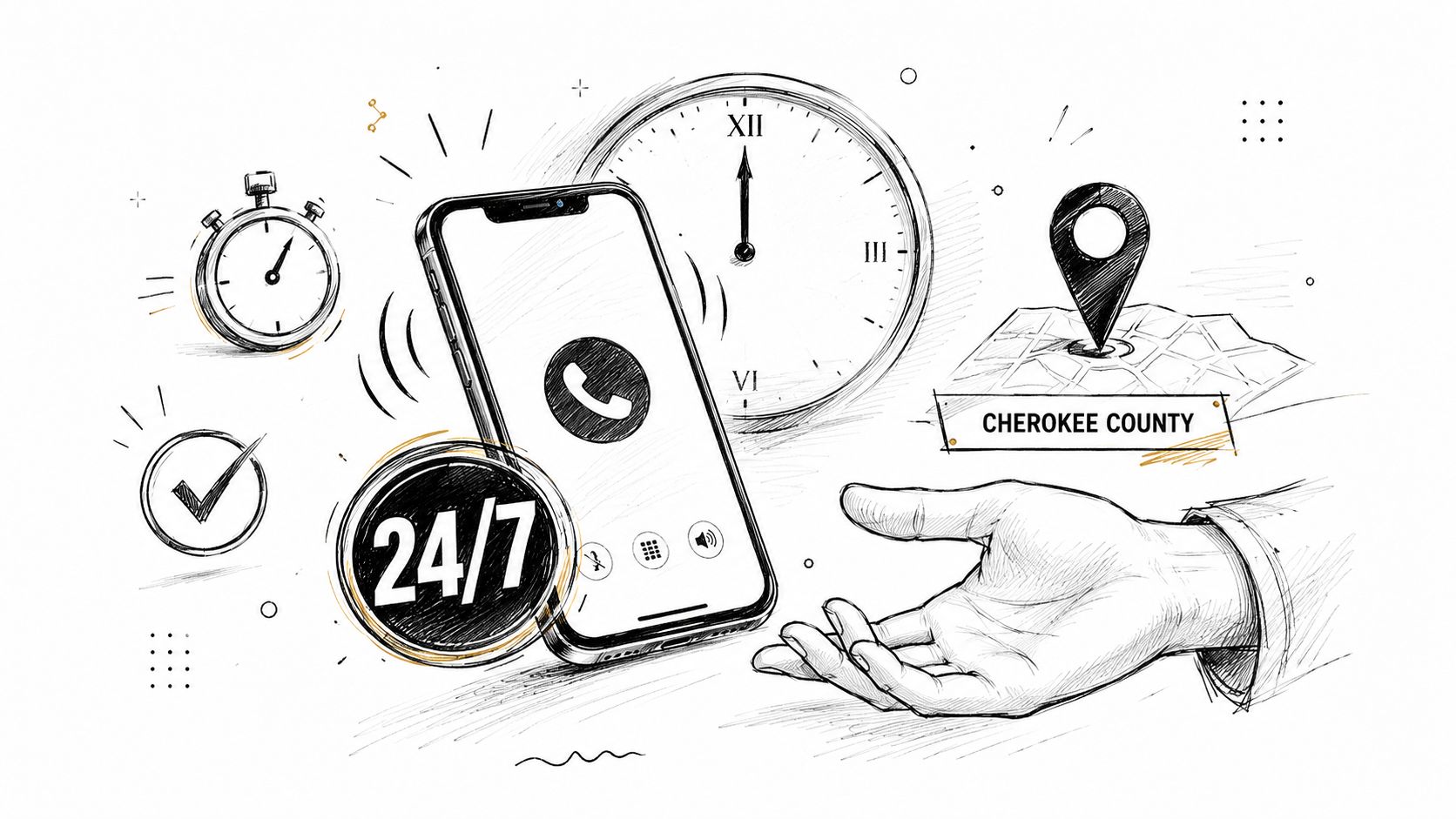 A conceptual sketch illustrating 24/7 customer service and support in Cherokee County with a mobile phone icon.