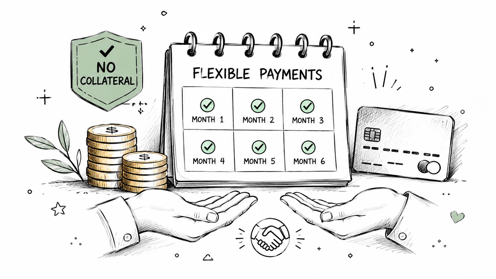 A hand-drawn illustration showing flexible monthly payments with no collateral, featuring a calendar, coins, and credit card.
