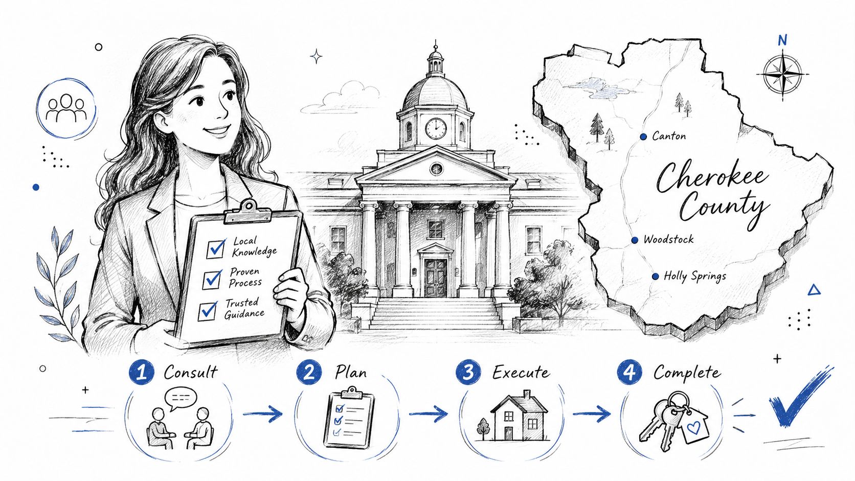 A professional illustration of a real estate process in Cherokee County featuring a woman with a checklist.