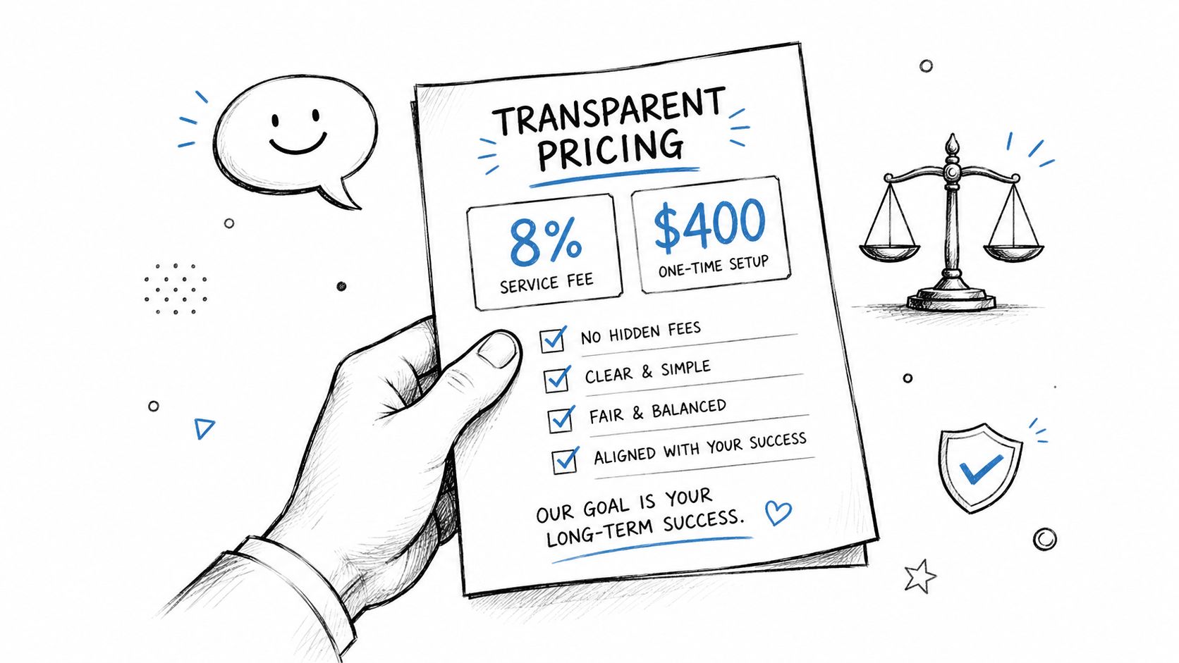 A hand holding a paper flyer outlining transparent pricing with an eight percent fee and setup cost.