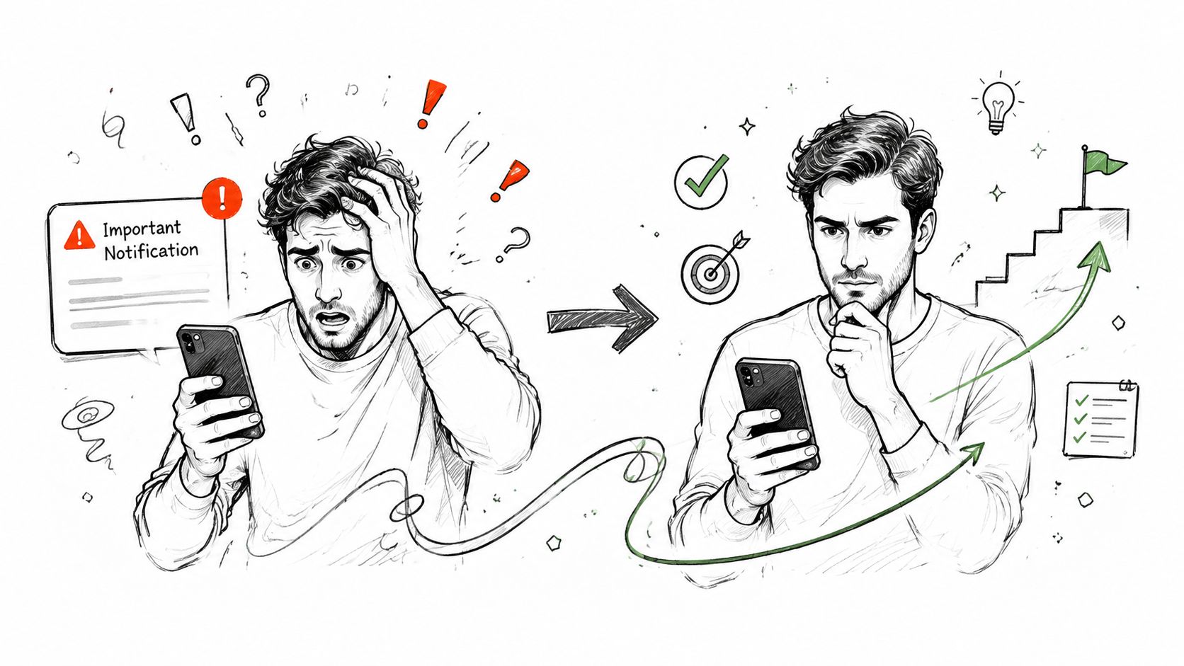 A conceptual illustration showing a stressed man holding a phone, transitioning to a calm, thoughtful state.