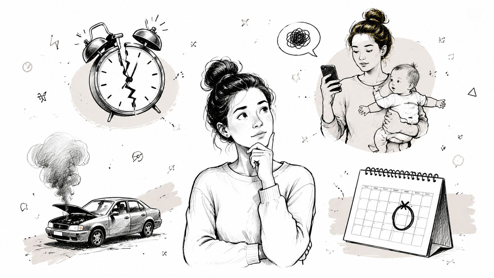 A woman looks thoughtful as she reflects on life stressors including a broken clock, car trouble, parenting, and a scheduled appointment.