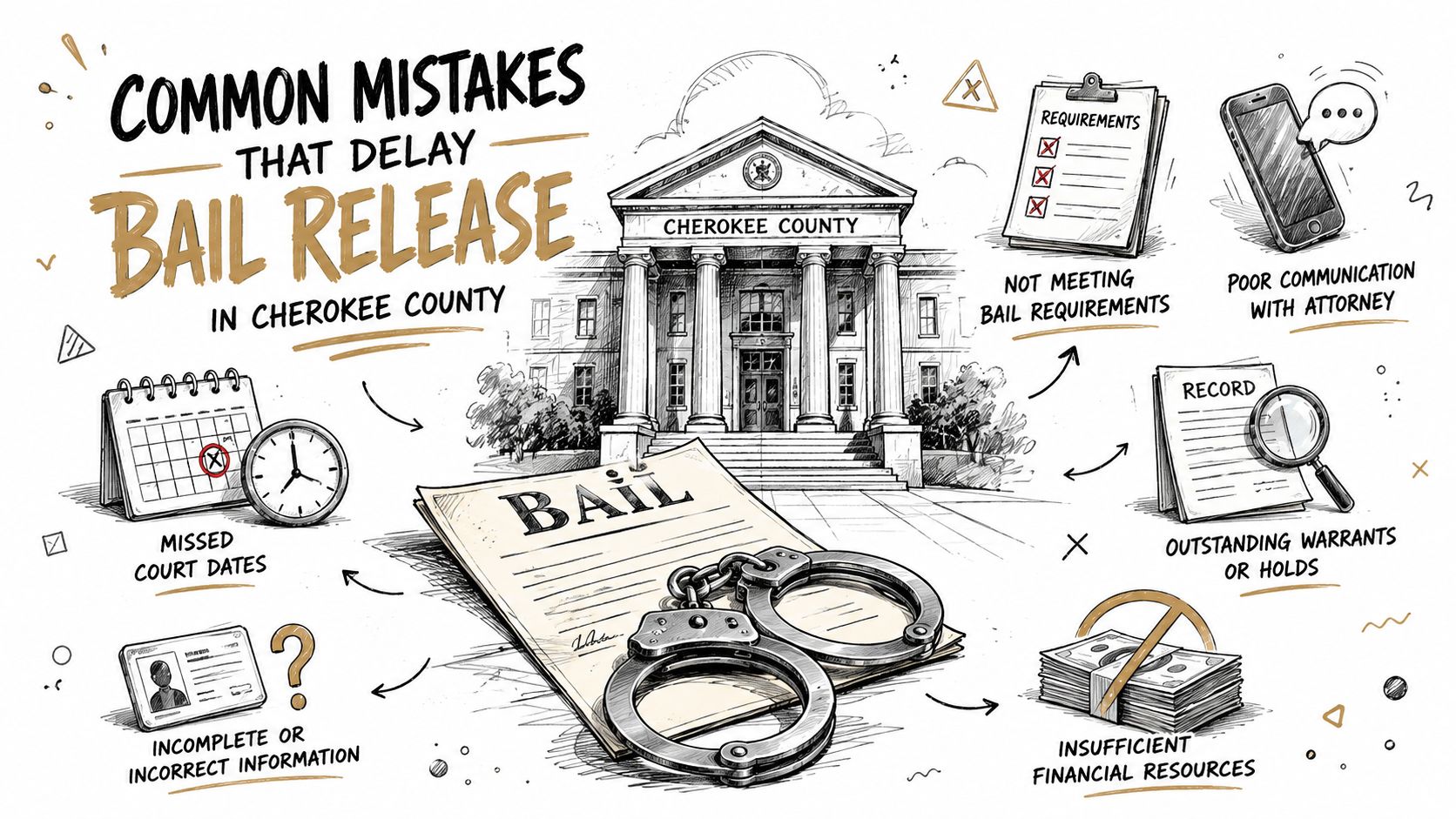 An infographic illustrating common mistakes that can delay the bail release process in Cherokee County.