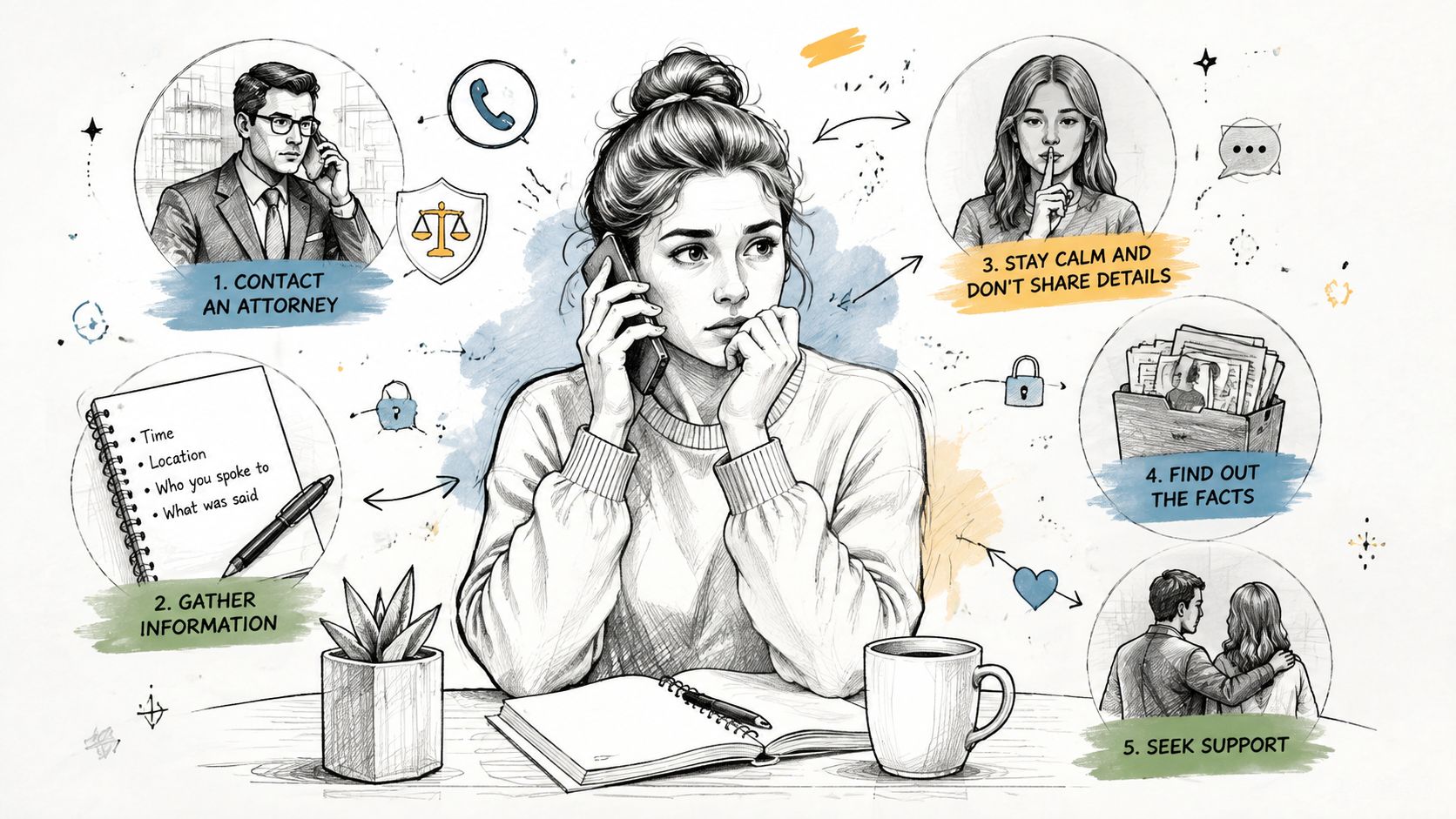 An illustrated guide featuring five steps for handling legal or personal challenges, including contacting an attorney.