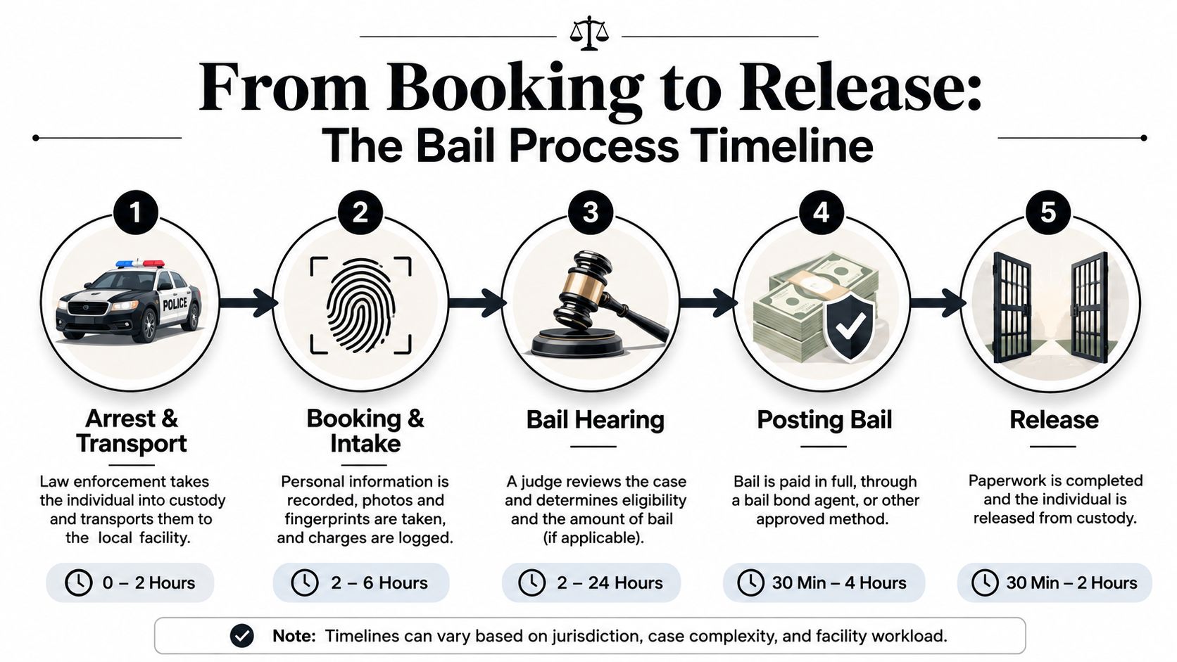 A step-by-step infographic titled From Booking to Release illustrating the timeline and process of posting bail.