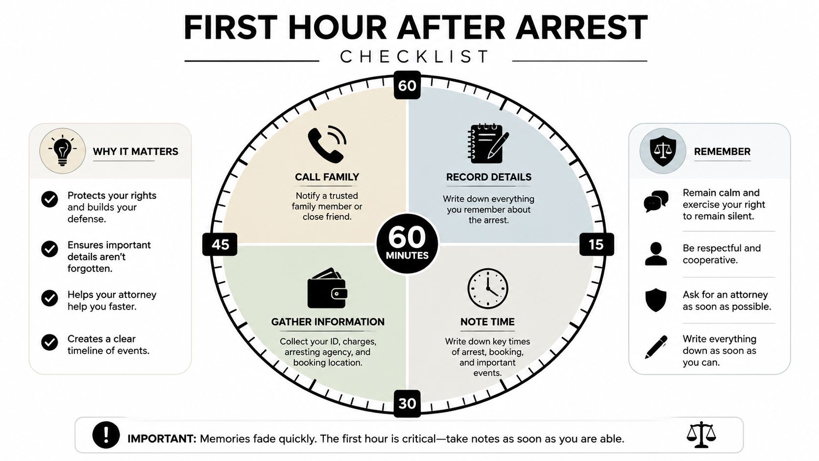 An infographic checklist for the first hour after arrest, highlighting essential steps and legal reminders.
