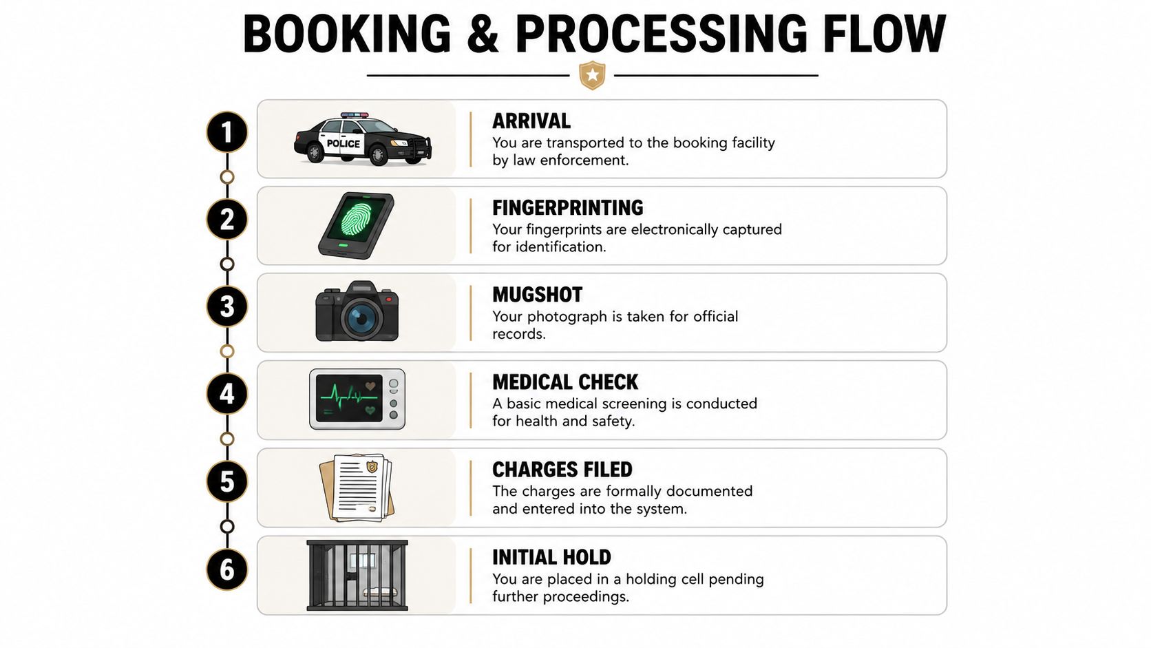 A six-step infographic illustrating the booking and processing flow at a law enforcement facility.