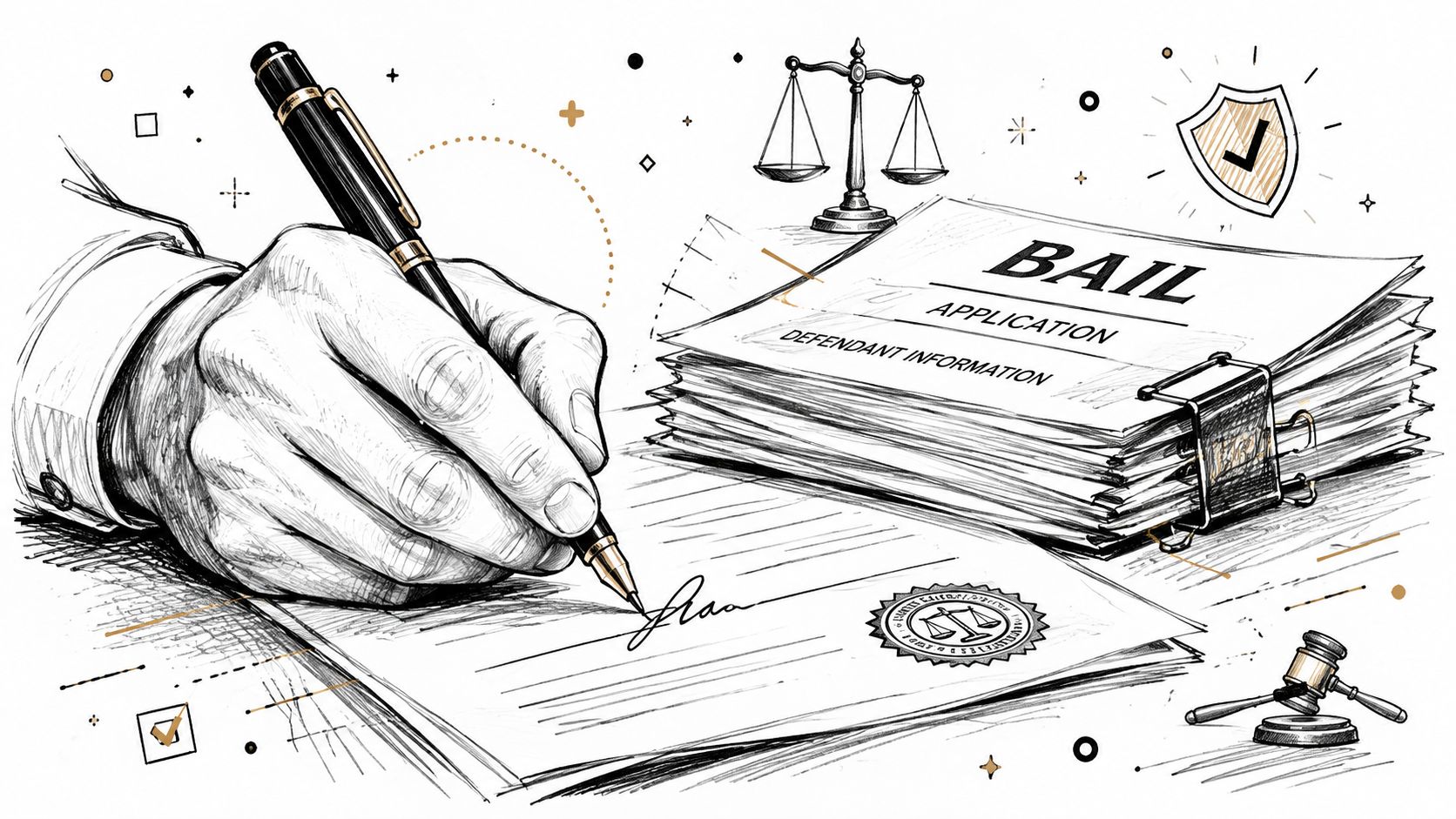 A hand signing a legal bail application document with a gavel and scales of justice nearby.