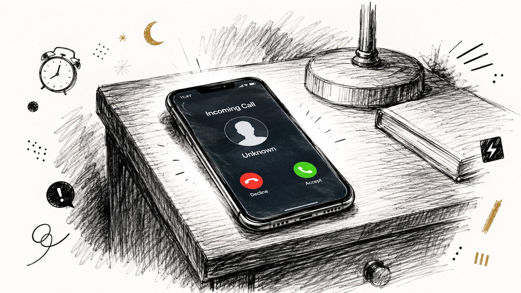 A pencil sketch of a smartphone displaying an incoming call from an unknown number on a nightstand.