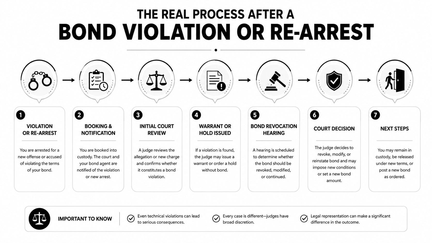 A flow chart outlining the legal process after a bond violation or re-arrest involving seven distinct steps.