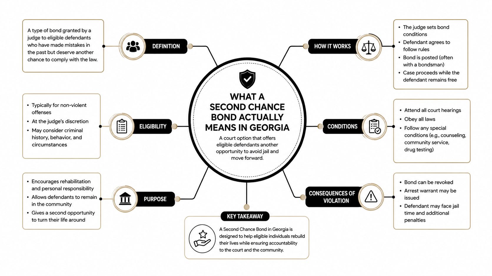A diagram explaining the Georgia Second Chance Bond program, its eligibility, purpose, and legal conditions.
