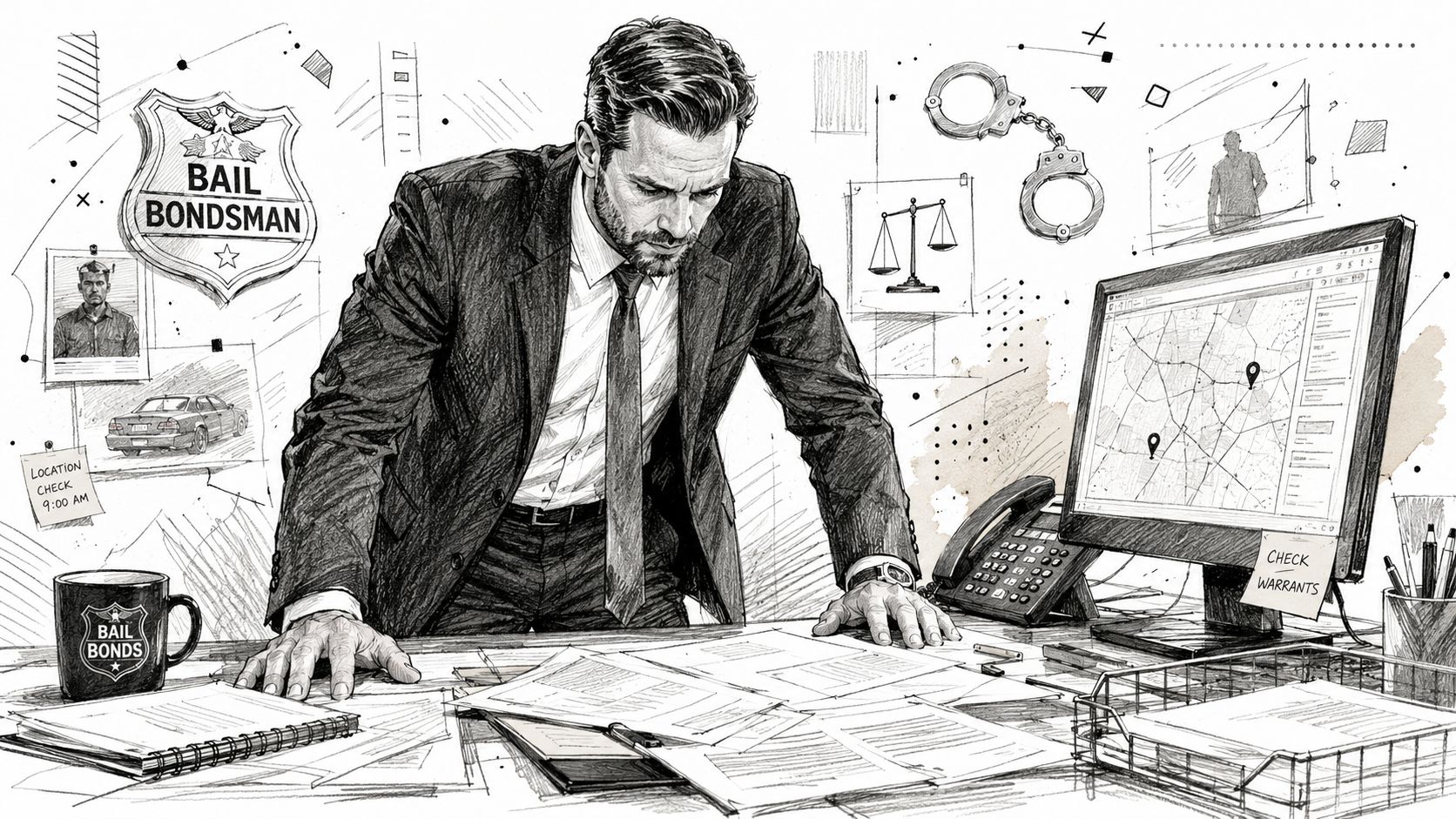 A professional bail bondsman reviewing legal documents and tracking locations on a computer at his desk.
