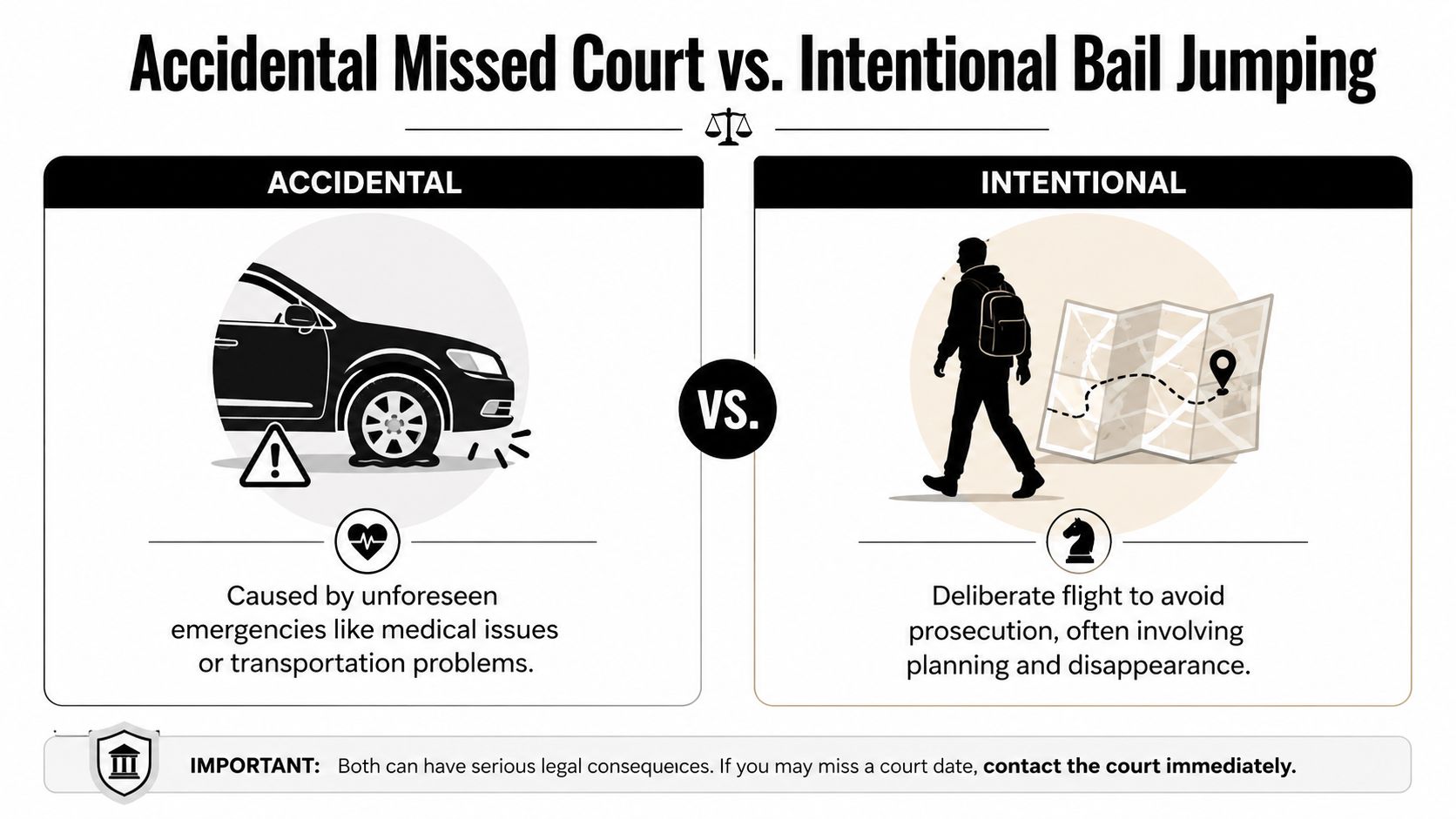 A comparison infographic between an accidental missed court appearance and intentional bail jumping, highlighting key differences.