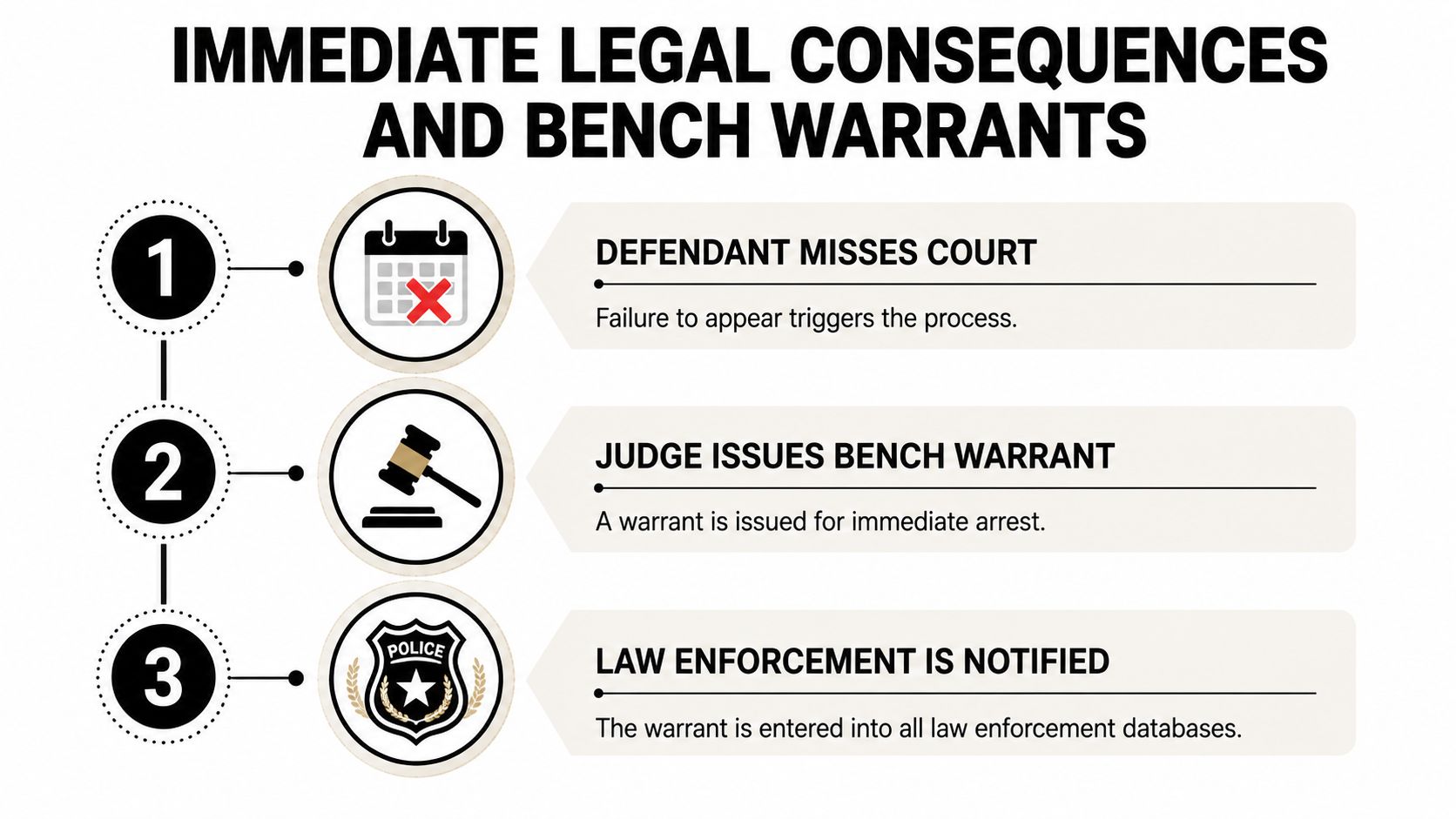 A diagram explaining the legal consequences of skipping court, including bench warrants and police notification steps.