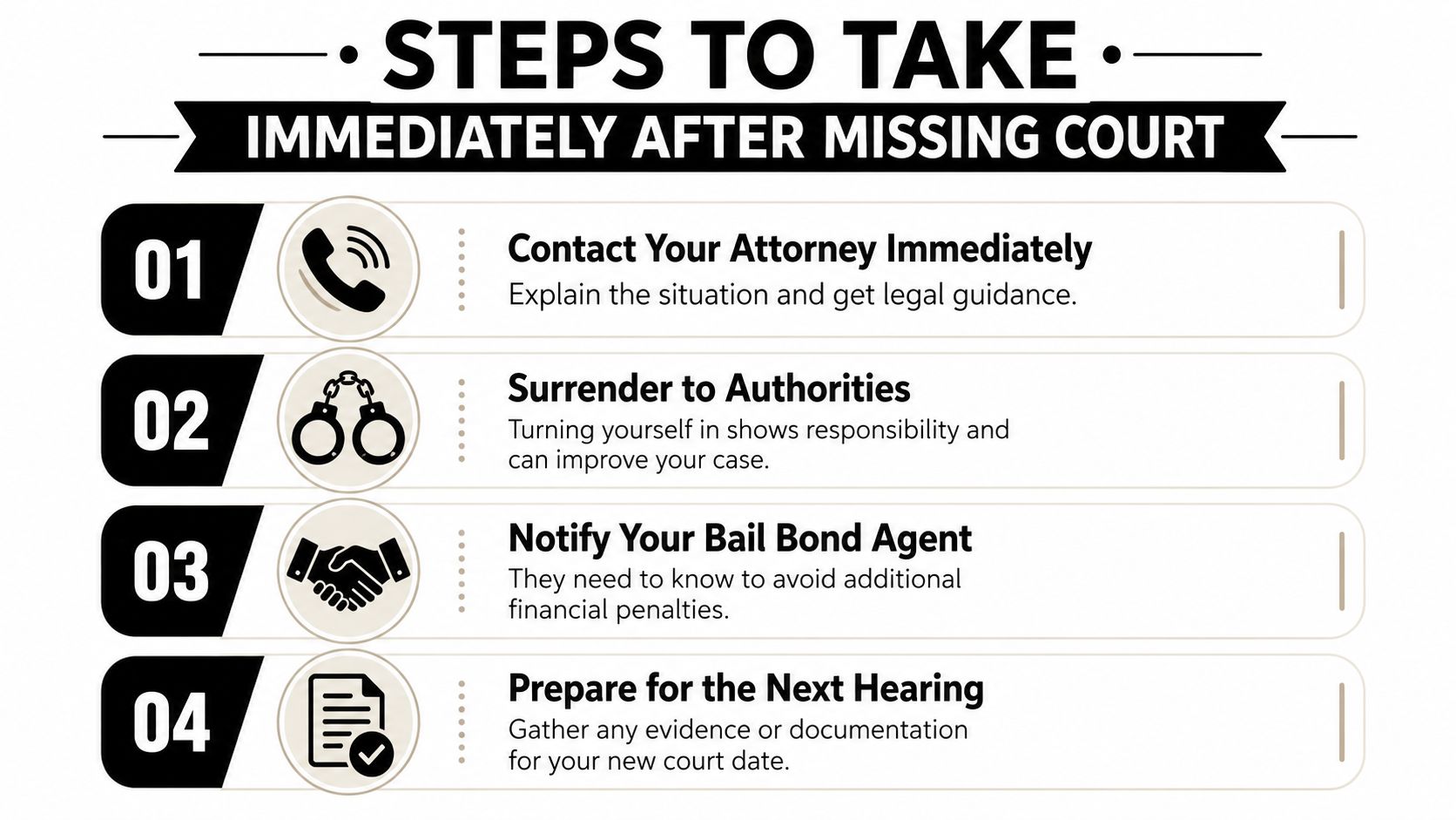 A step-by-step infographic showing four key actions to take immediately after missing a court date.