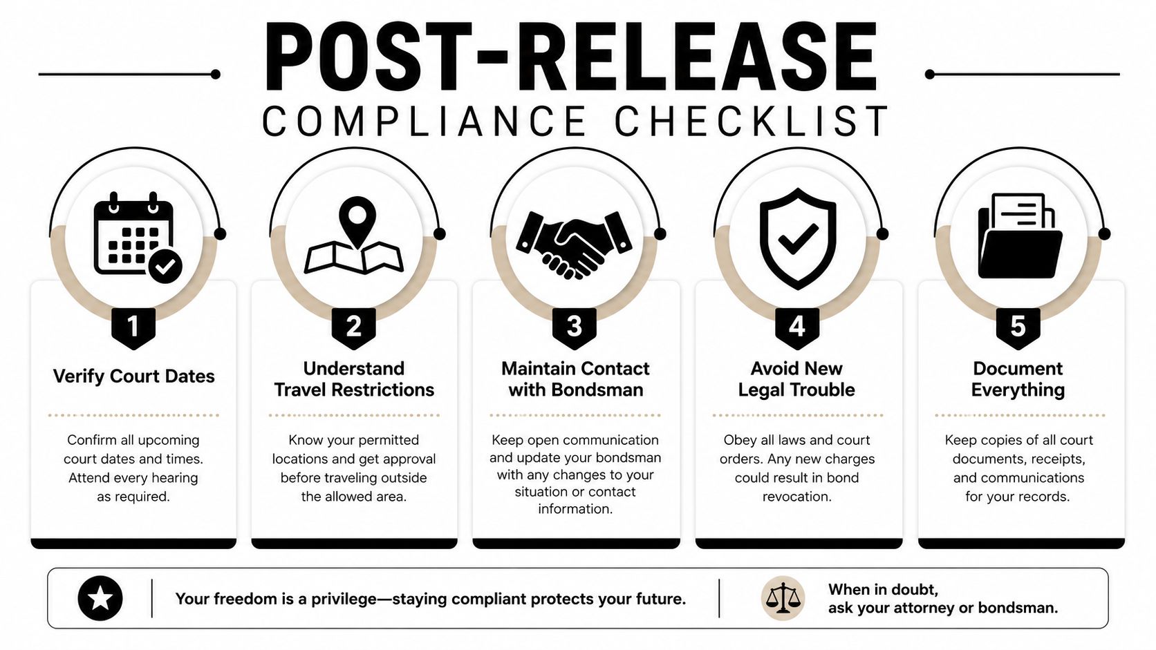 A five-step checklist for individuals released on bond to maintain legal compliance and protect their future freedom.