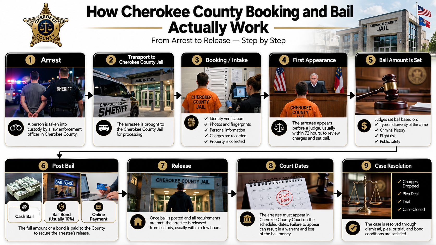 An infographic showing the nine-step legal process from arrest to case resolution in Cherokee County.