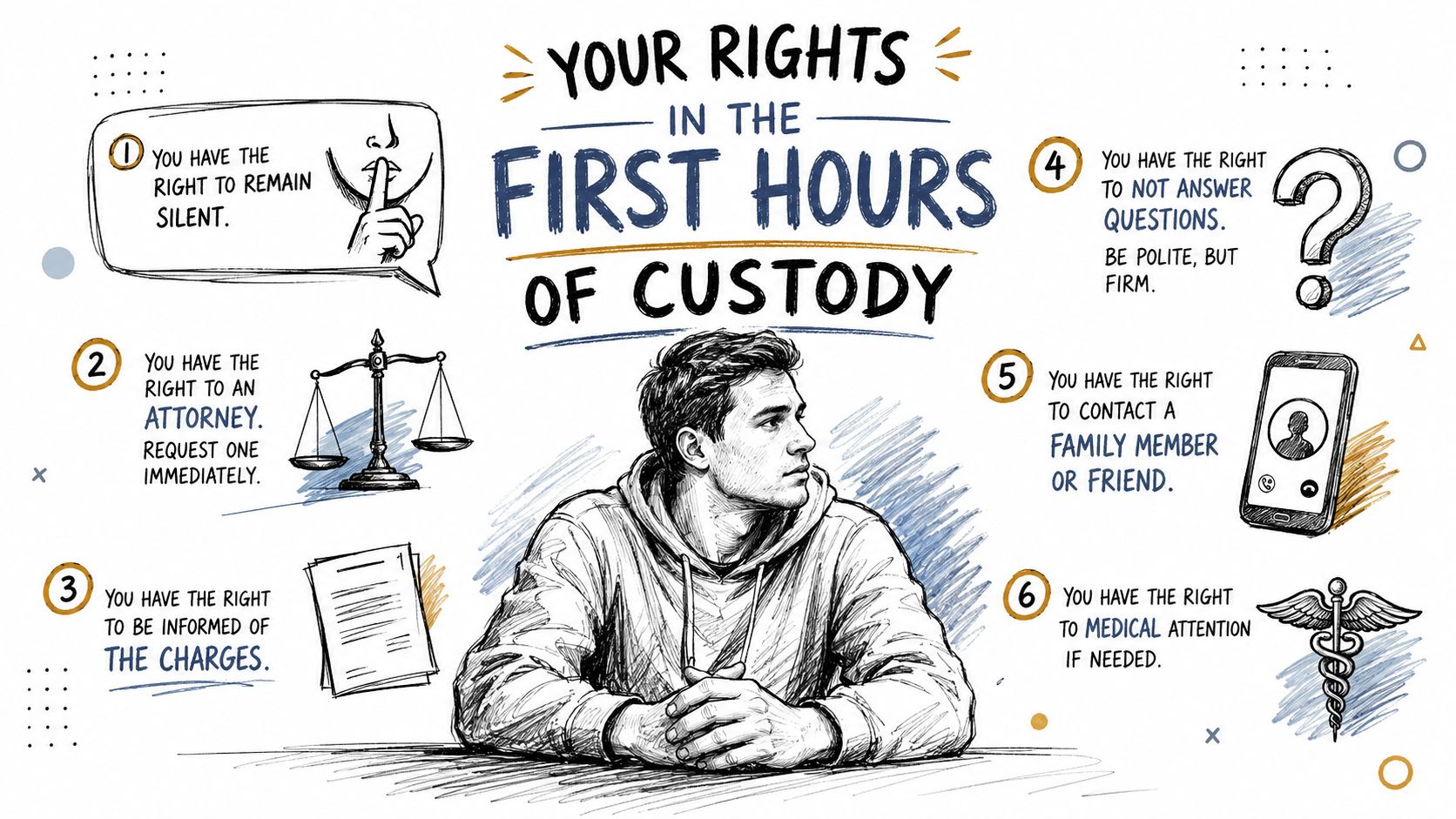 An infographic illustration outlining six legal rights for individuals during the first hours of police custody.